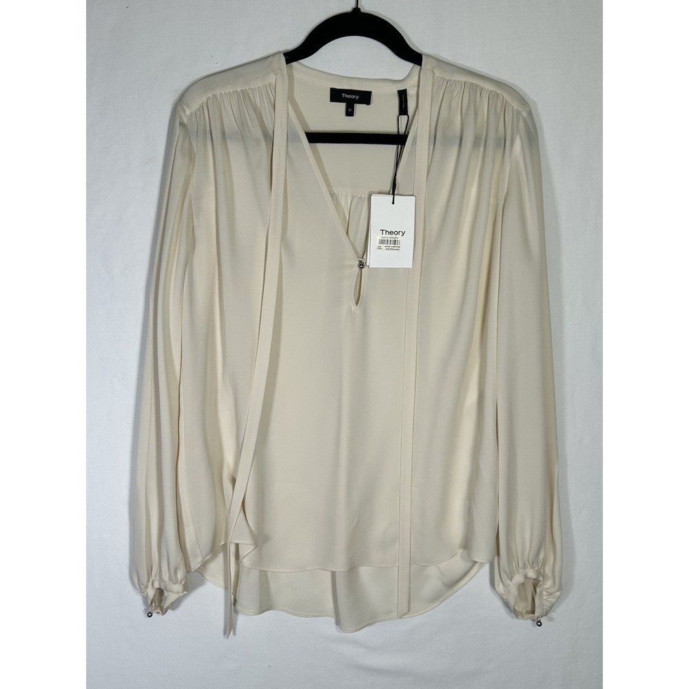 Theory Silk Blouse NWT Medium Cream Ivory Tie Neck Long Sleeve Keyhole Top $295
